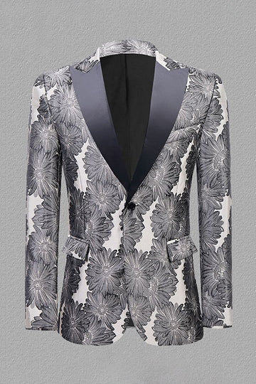 Grå Sølv Jacquard Peak Lapel Menn Prom Blazer